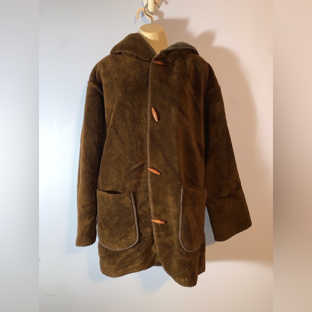 Denali vintage reversible faux fur hooded toggle coat brown teddy gray oak leaf - Picture 2 of 11